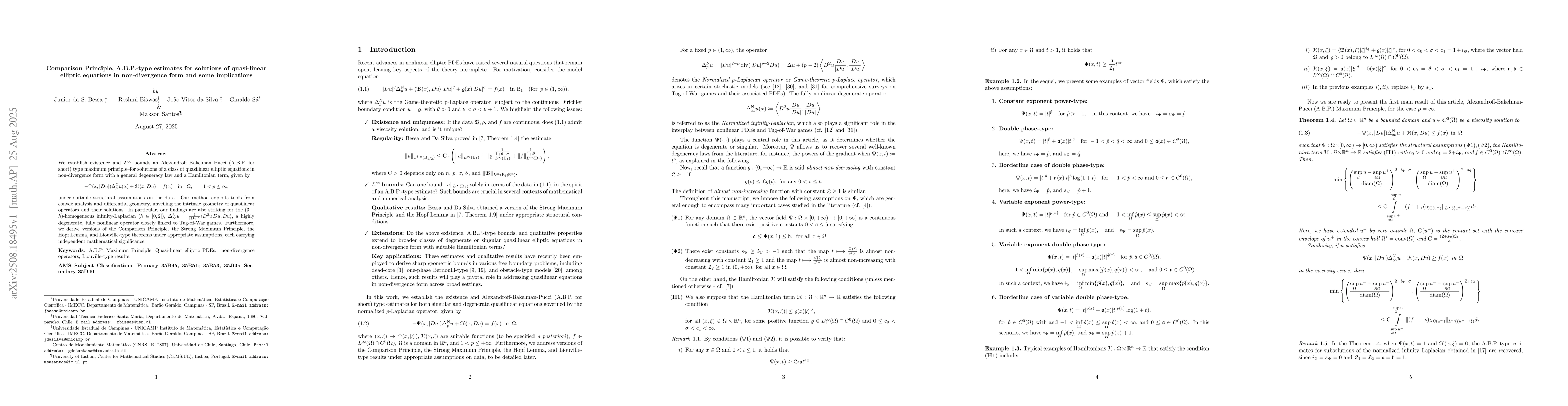 Thumbnail for Comparison Principle, A.B.P.-type estimates for solutions of
  quasi-linear elliptic equations in non-divergence form and some implications