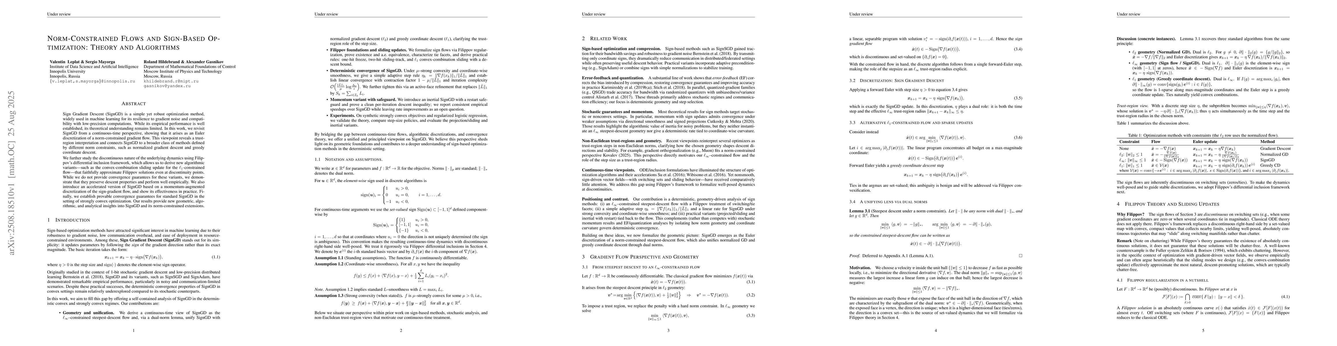 Thumbnail for Norm-Constrained Flows and Sign-Based Optimization: Theory and
  Algorithms