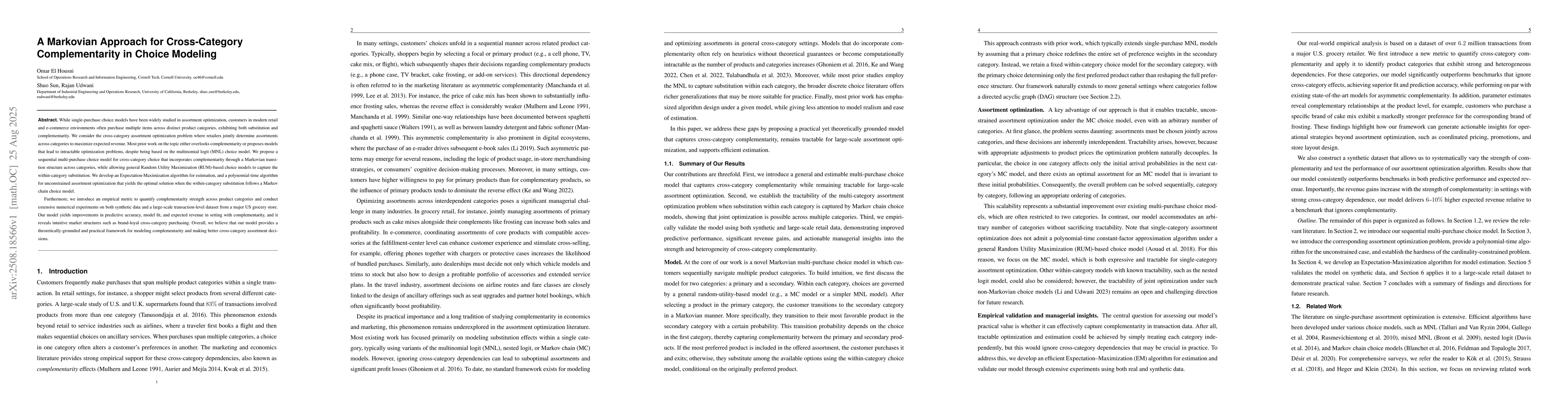 Thumbnail for A Markovian Approach for Cross-Category Complementarity in Choice
  Modeling