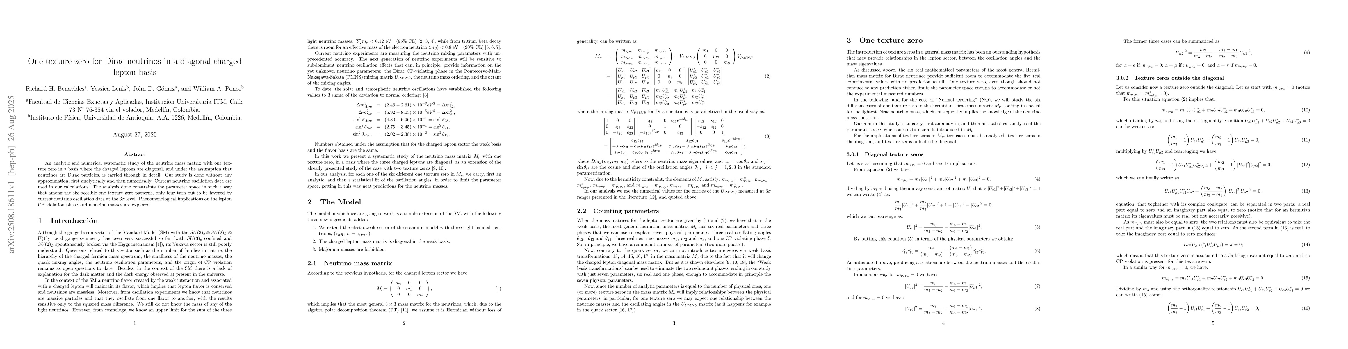 Thumbnail for One texture zero for Dirac neutrinos in a diagonal charged lepton basis