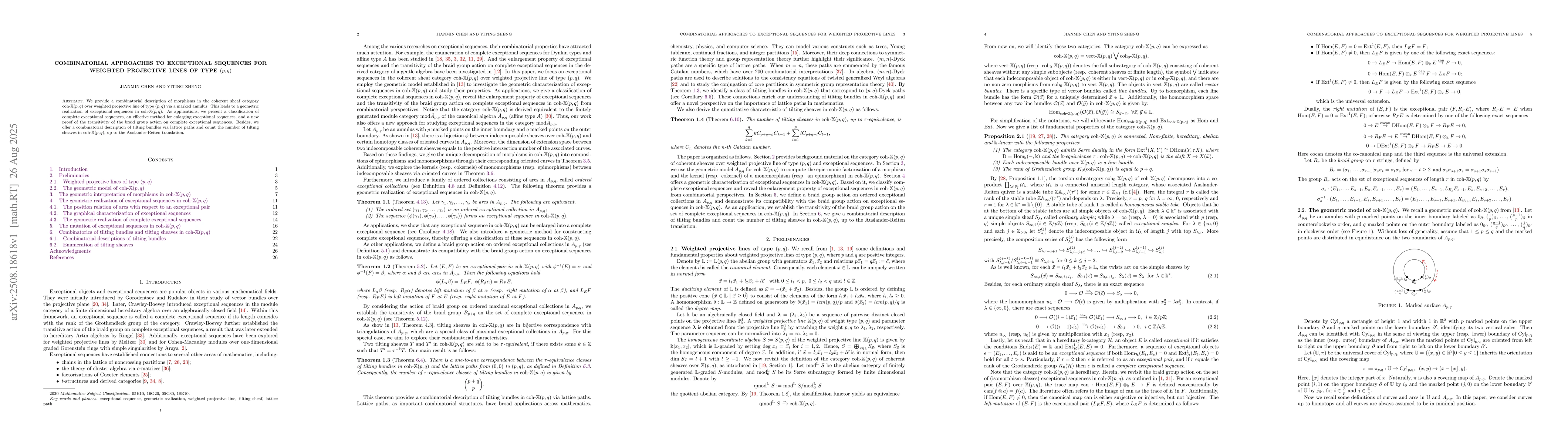 Thumbnail for Combinatorial Approaches to Exceptional Sequences for Weighted
  Projective Lines of Type $(p,q)$