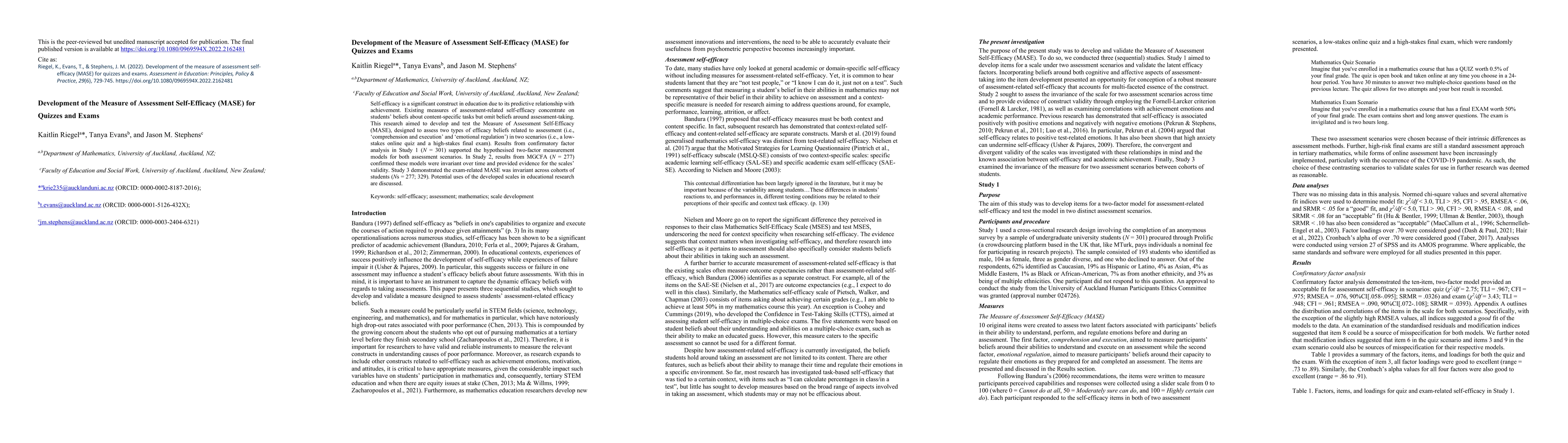 Thumbnail for Development of the Measure of Assessment Self-Efficacy (MASE) for
  Quizzes and Exams