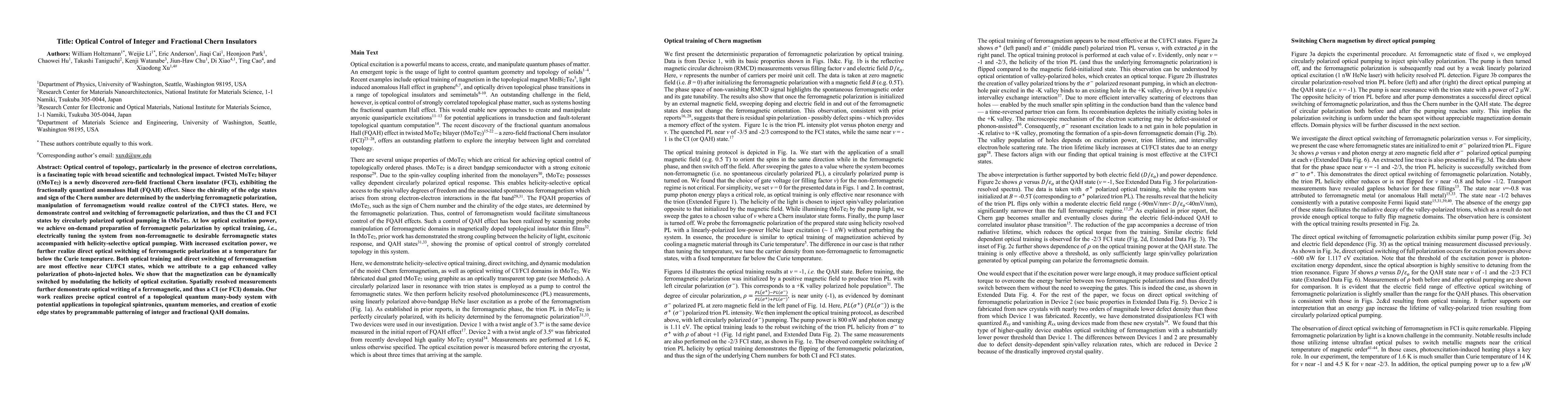 Thumbnail for Optical Control of Integer and Fractional Chern Insulators