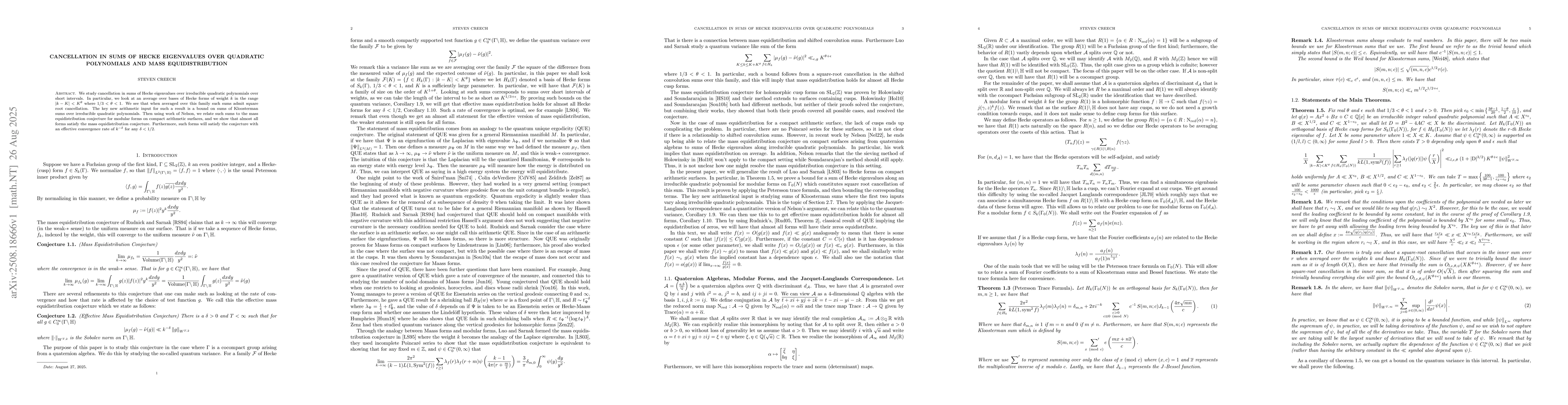 Thumbnail for Cancellation in Sums of Hecke Eigenvalues Over Quadratic Polynomials and
  Mass Equidistribution