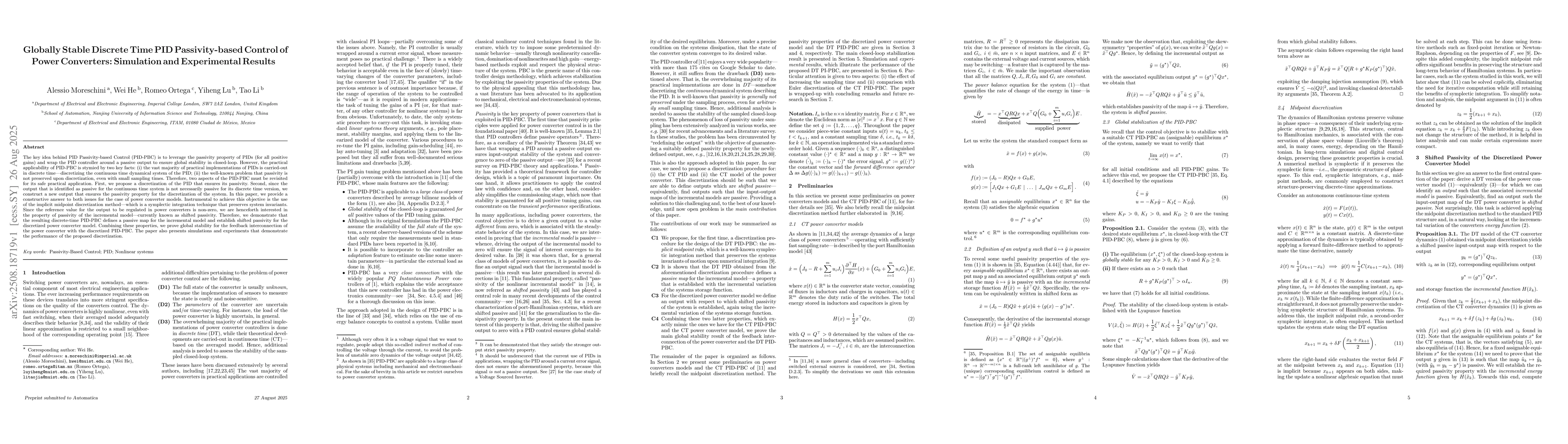 Thumbnail for Globally Stable Discrete Time PID Passivity-based Control of Power
  Converters: Simulation and Experimental Results