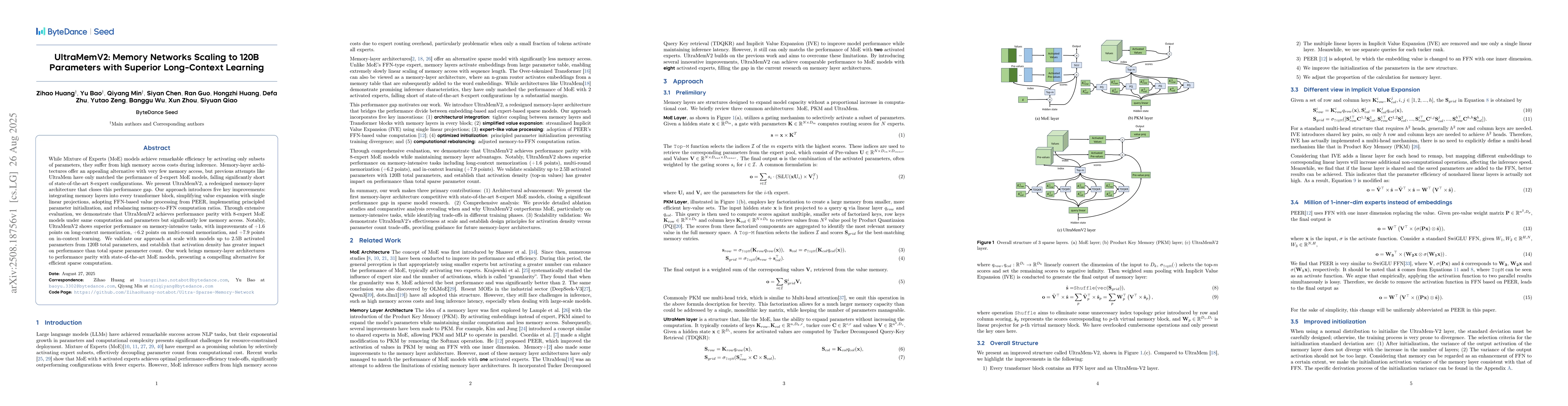 Thumbnail for UltraMemV2: Memory Networks Scaling to 120B Parameters with Superior
  Long-Context Learning