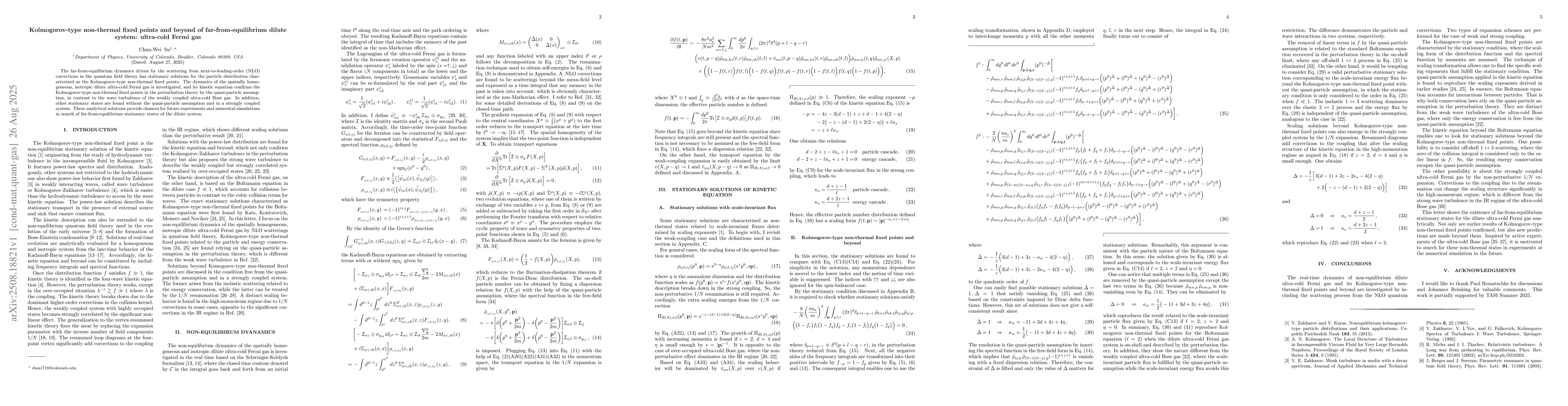 Thumbnail for Kolmogorov-type non-thermal fixed points and beyond of
  far-from-equilibrium dilute system: ultra-cold Fermi gas