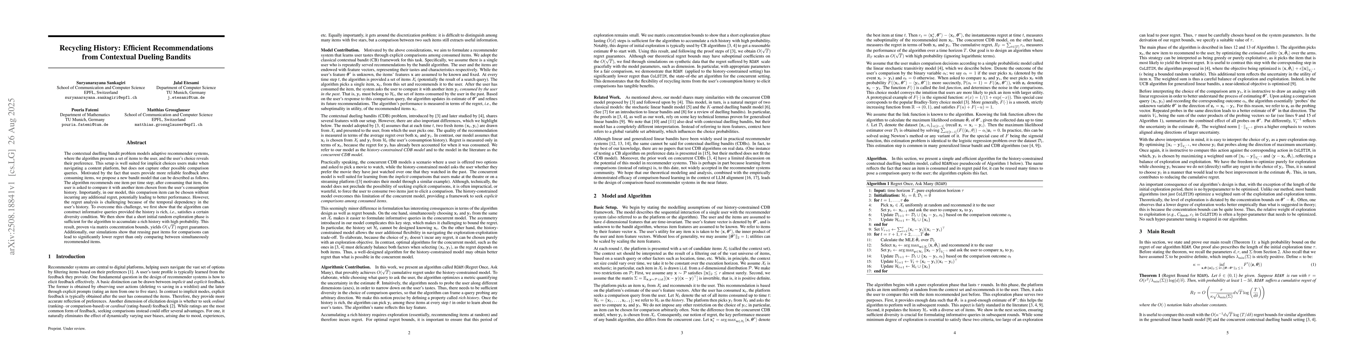 Thumbnail for Recycling History: Efficient Recommendations from Contextual Dueling
  Bandits