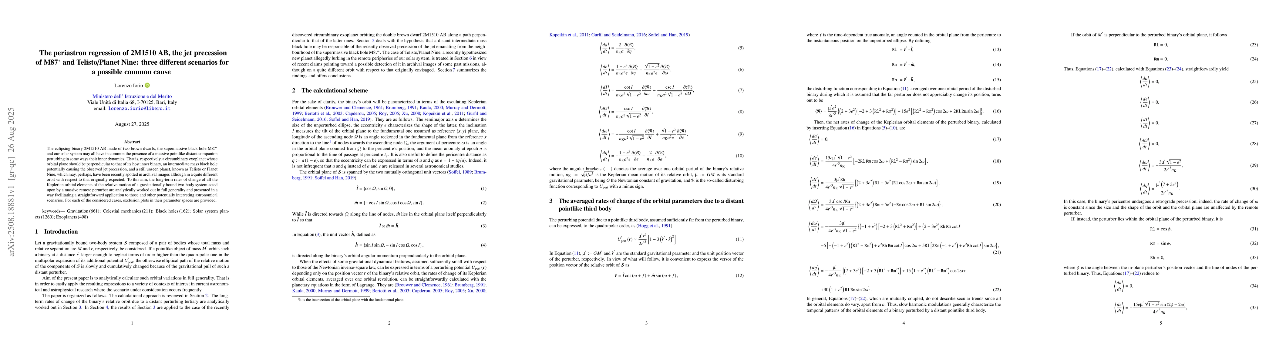 Thumbnail for The periastron regression of 2M1510 AB, the jet precession of M87* and
  Telisto/Planet Nine: three different scenarios for a possible common cause