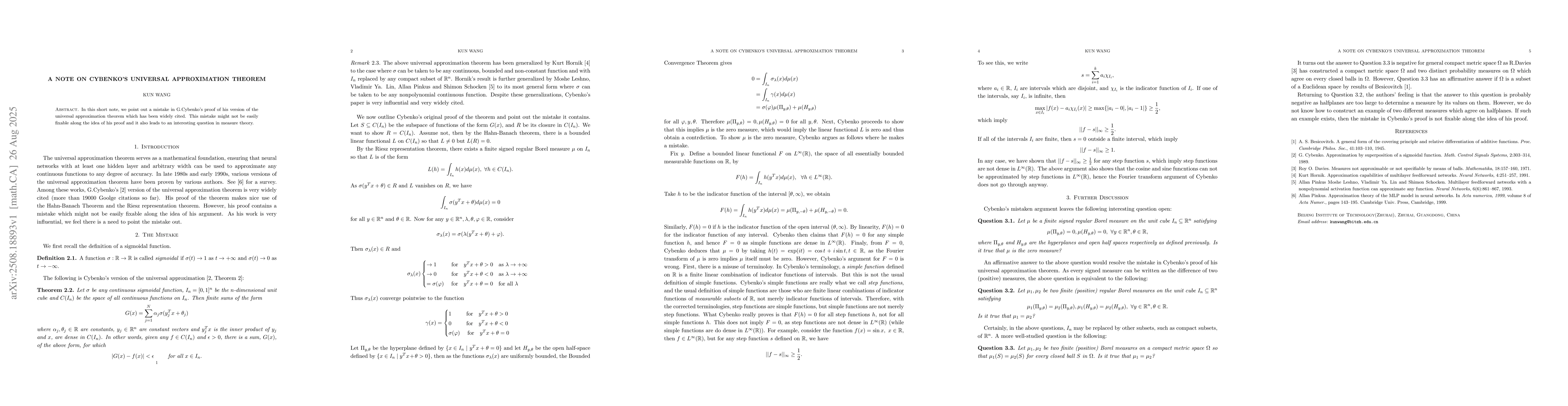 Thumbnail for A note on Cybenko's Universal Approximation Theorem