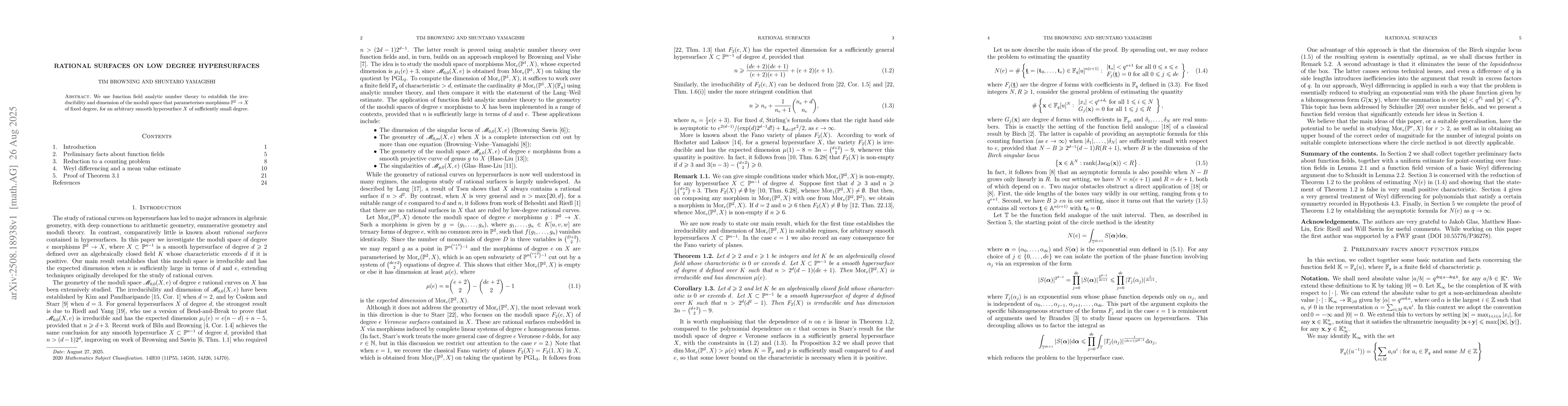 Thumbnail for Rational surfaces on low degree hypersurfaces