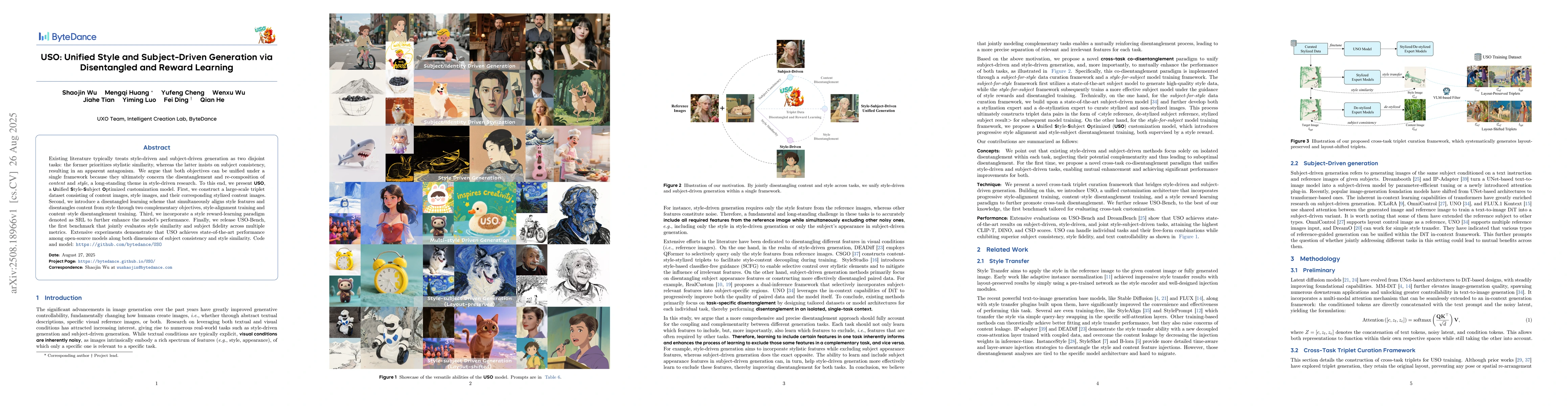 Thumbnail for USO: Unified Style and Subject-Driven Generation via Disentangled and
  Reward Learning