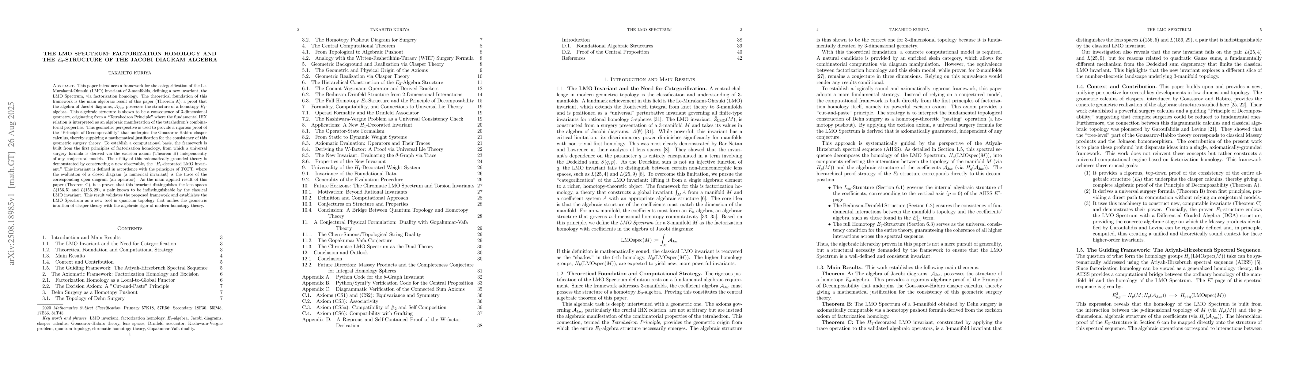 Thumbnail for The LMO Spectrum: Factorization Homology and the E_3-Structure of the
  Jacobi Diagram Algebra