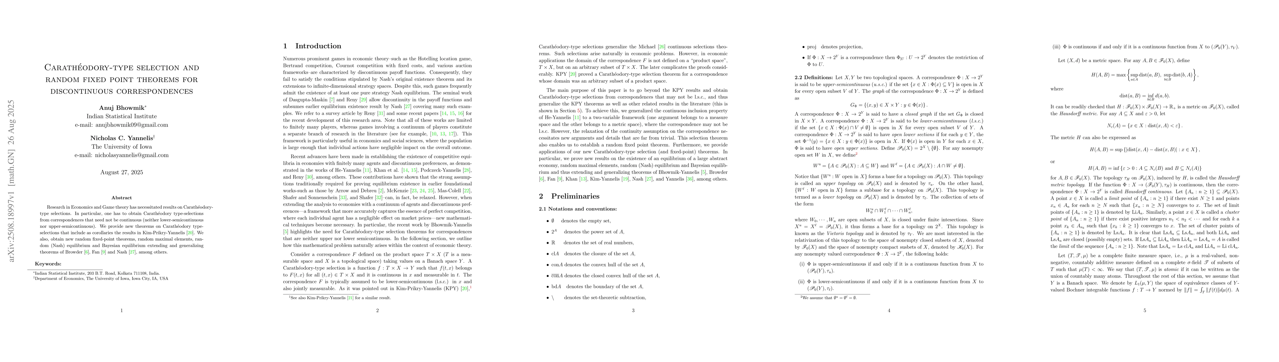 Thumbnail for Carathéodory-type selection and random fixed point theorems for
  discontinuous correspondences