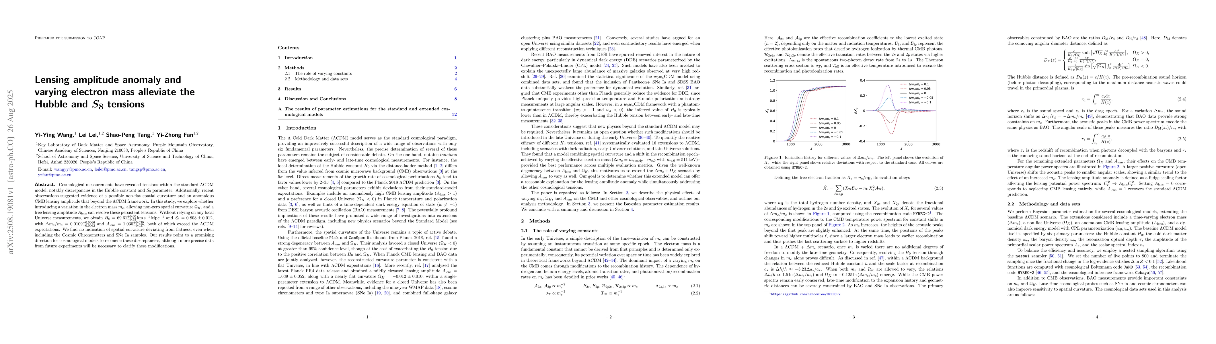 Thumbnail for Lensing amplitude anomaly and varying electron mass alleviate the Hubble
  and $S_8$ tensions