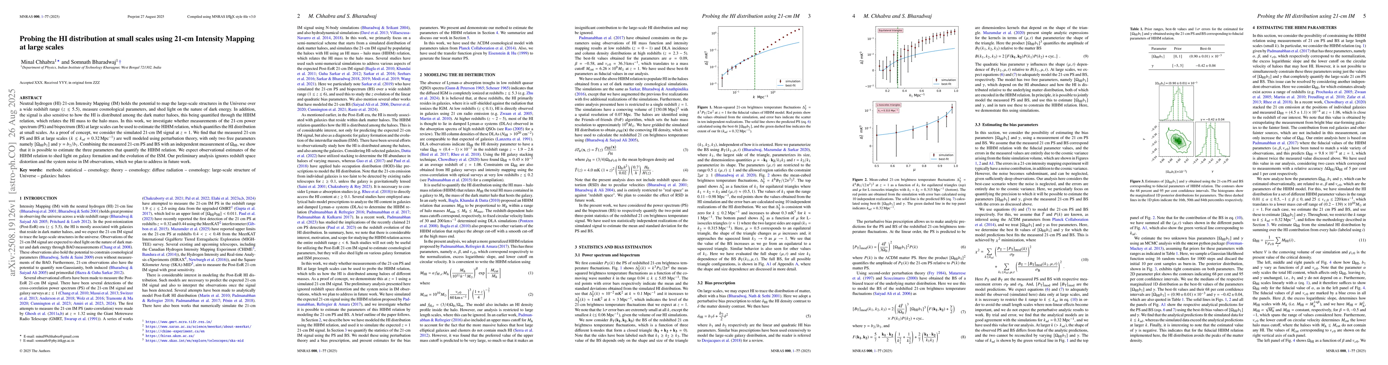 Thumbnail for Probing the HI distribution at small scales using 21-cm Intensity
  Mapping at large scales