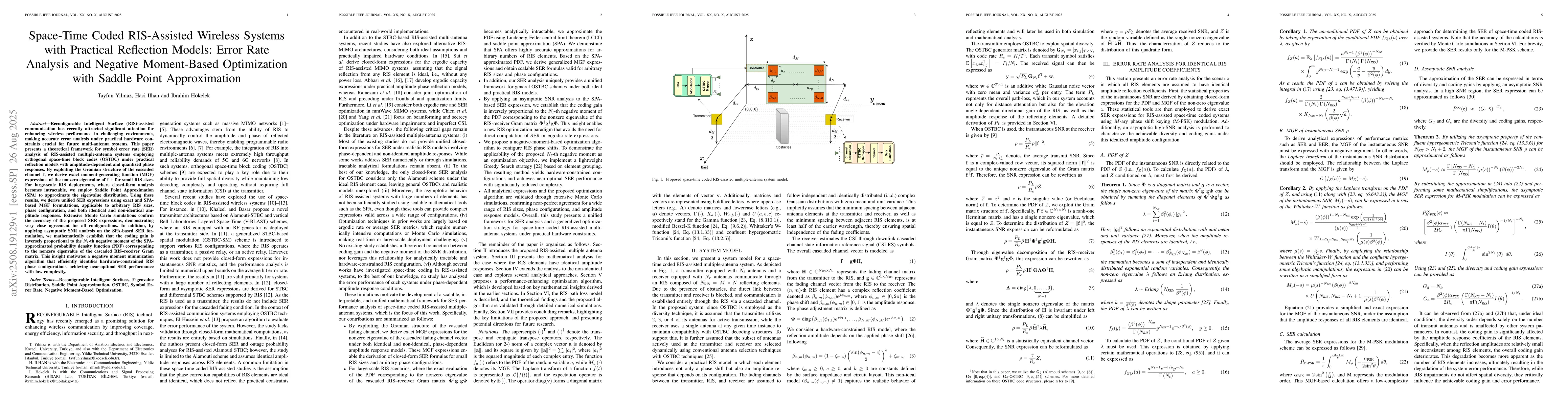 Thumbnail for Space-Time Coded RIS-Assisted Wireless Systems with Practical Reflection
  Models: Error Rate Analysis and Negative Moment-Based Optimization with
  Saddle Point Approximation
