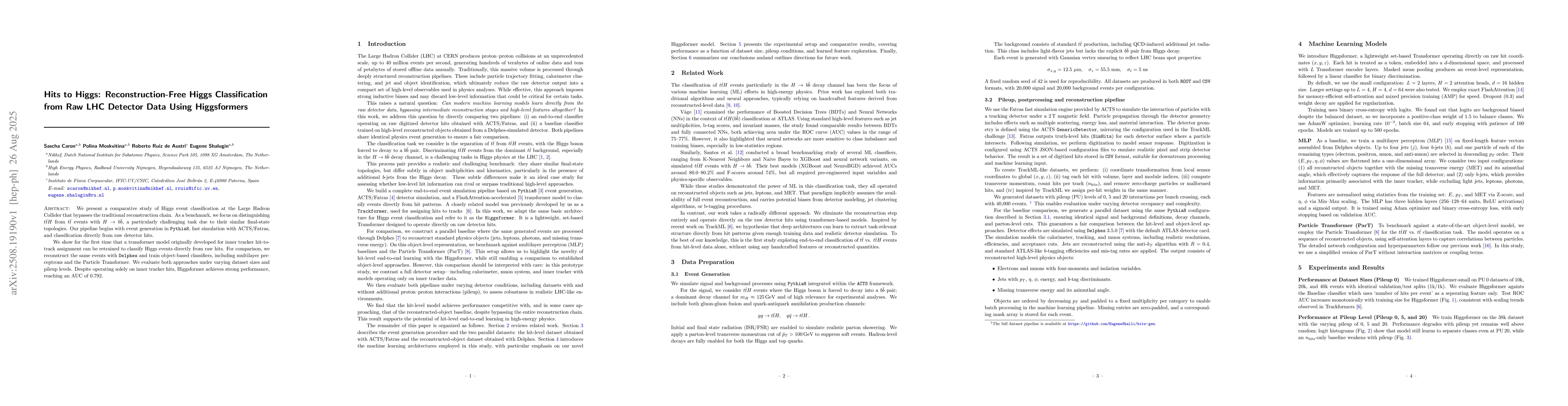 Thumbnail for Hits to Higgs: Reconstruction-Free Higgs Classification from Raw LHC
  Detector Data Using Higgsformers