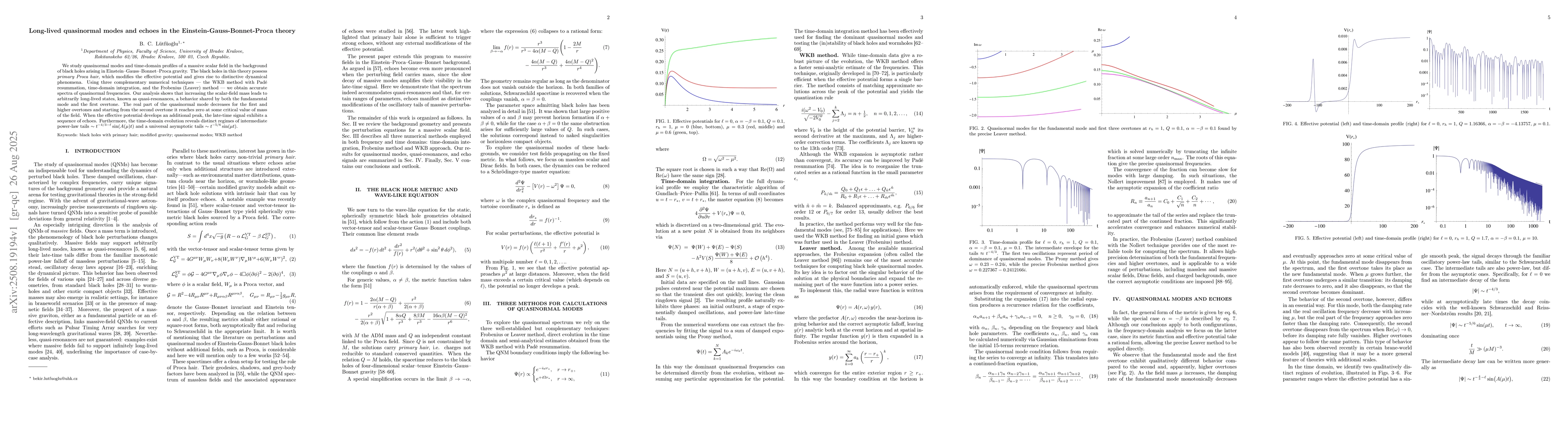 Thumbnail for Long-lived quasinormal modes and echoes in the
  Einstein-Gauss-Bonnet-Proca theory