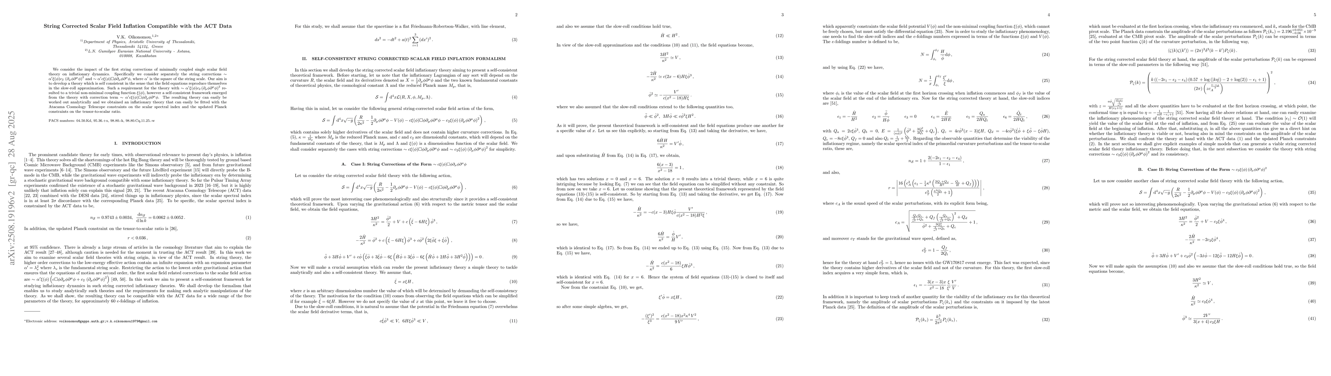 Thumbnail for String Corrected Scalar Field Inflation Compatible with the ACT Data