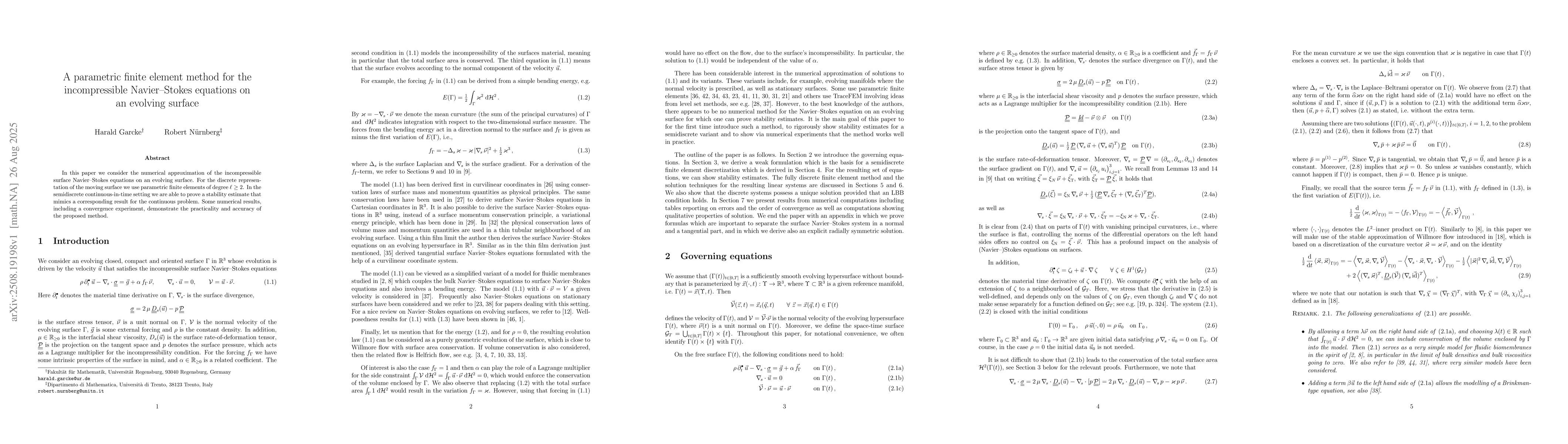 Thumbnail for A parametric finite element method for the incompressible Navier--Stokes
  equations on an evolving surface