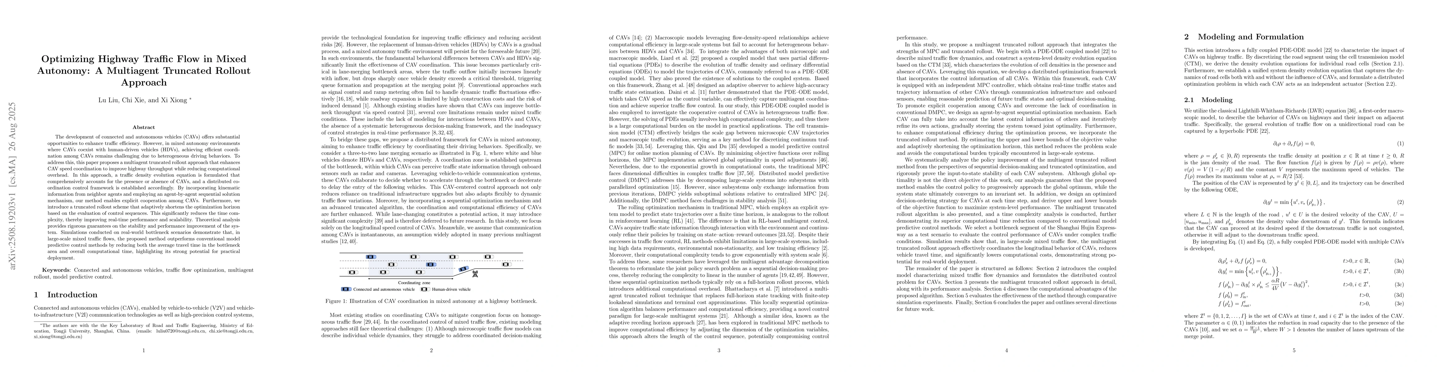 Thumbnail for Optimizing Highway Traffic Flow in Mixed Autonomy: A Multiagent
  Truncated Rollout Approach