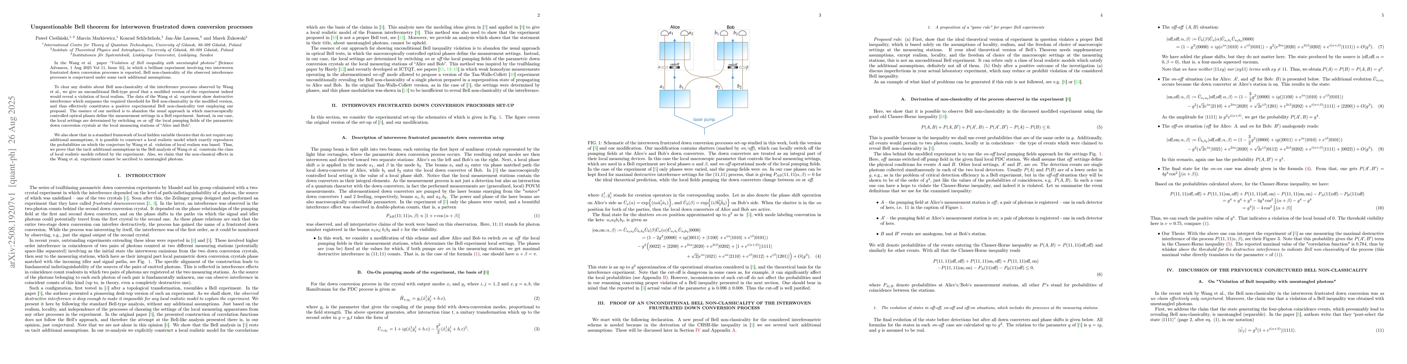 Thumbnail for Unquestionable Bell theorem for interwoven frustrated down conversion
  processes