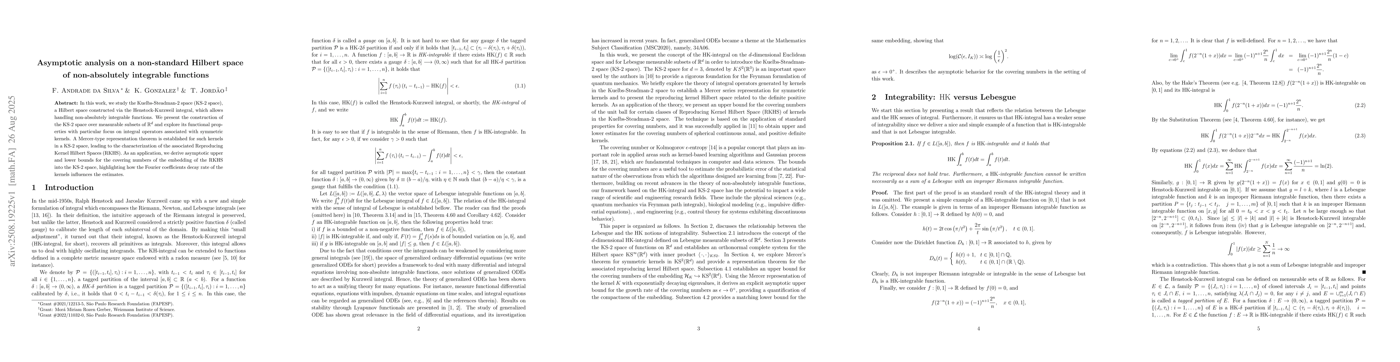 Thumbnail for Asymptotic analysis on a non-standard Hilbert space of non-absolutely
  integrable functions