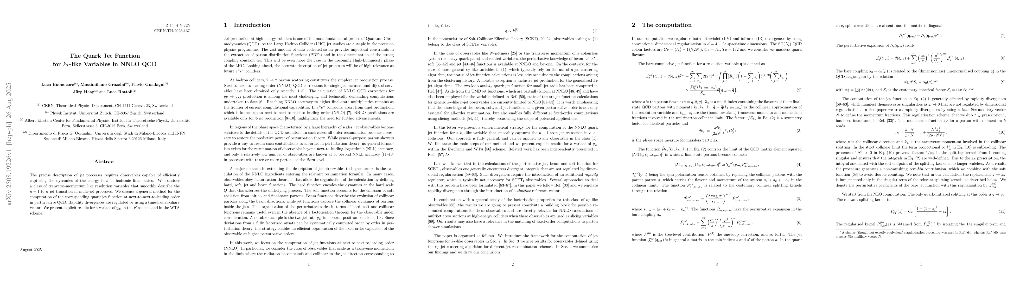 Thumbnail for The Quark Jet Function for $k_T$-like Variables in NNLO QCD
