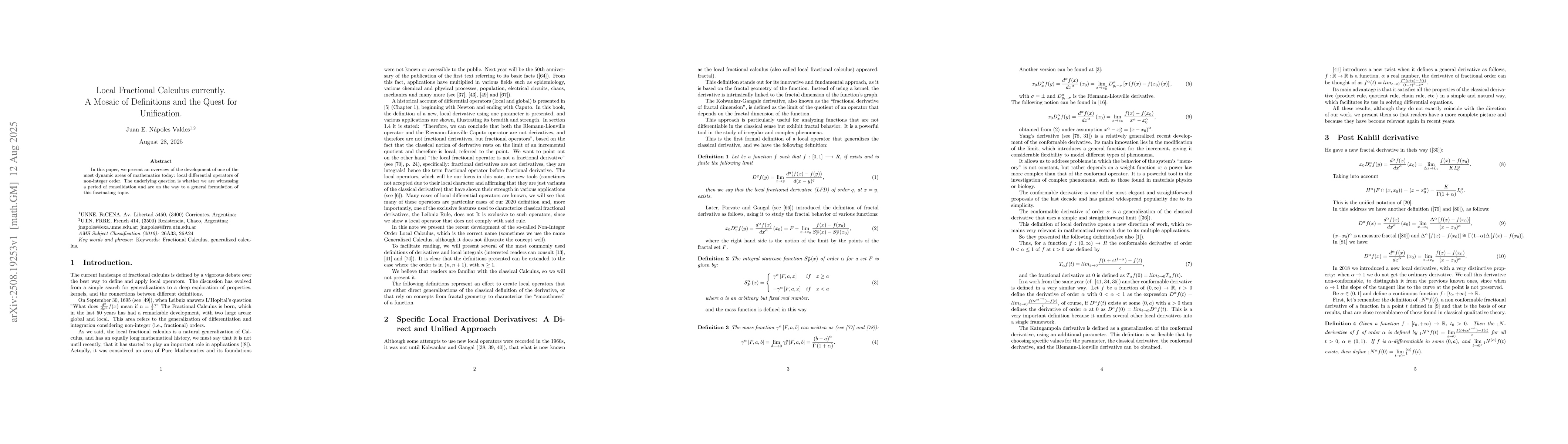 Thumbnail for Local Fractional Calculus currently. A Mosaic of Definitions and the
  Quest for Unification