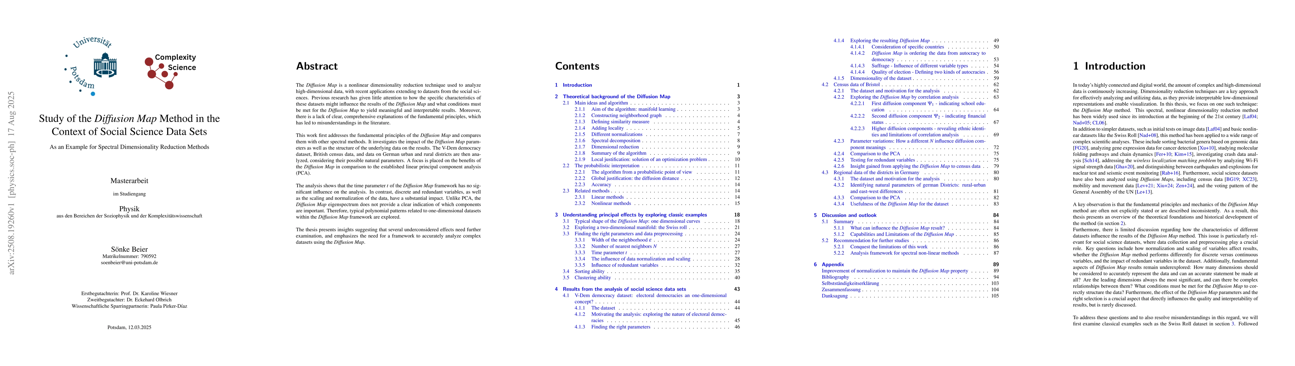 Thumbnail for Study of the Diffusion Map method in the context of social science data
  sets -- as an example for spectral dimensionality reduction methods