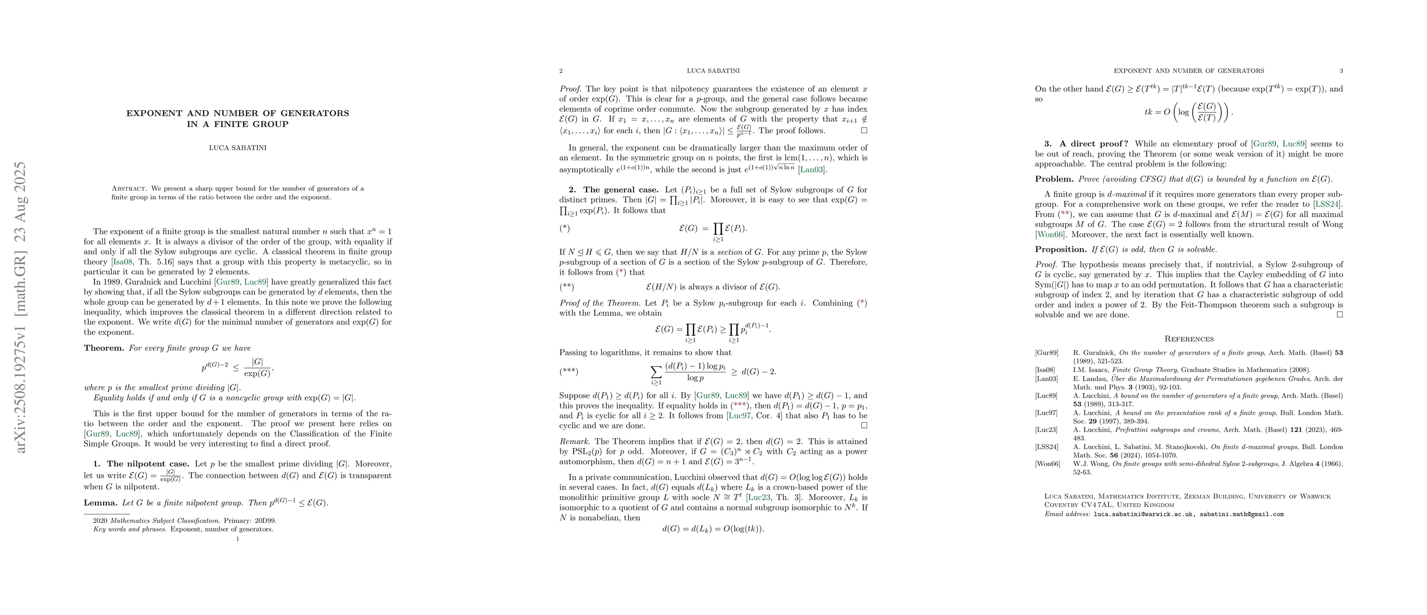 Thumbnail for Exponent and number of generators in a finite group