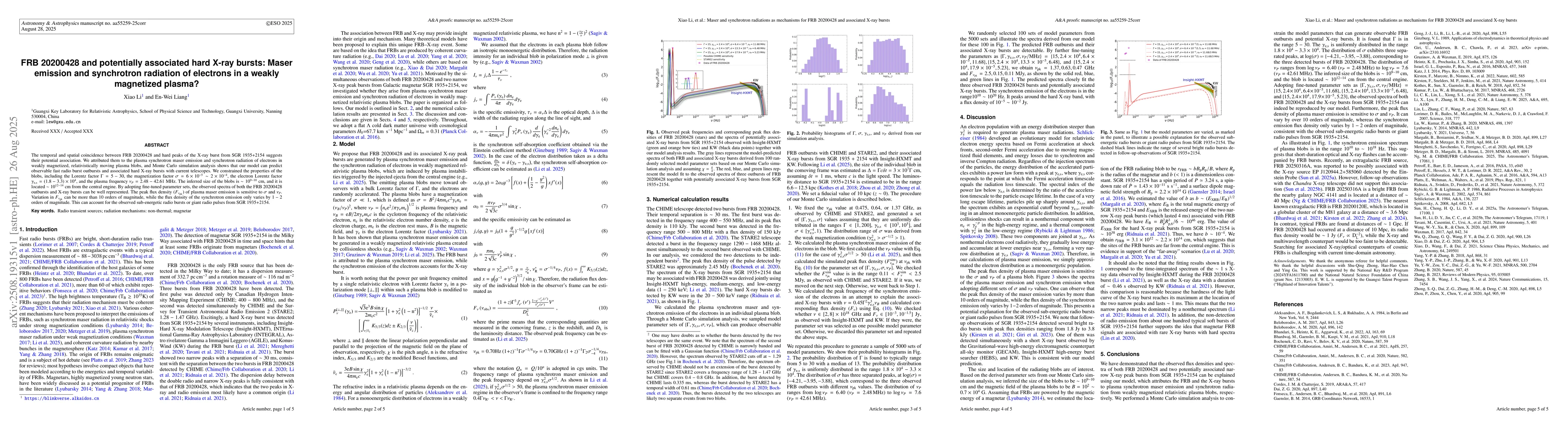 Thumbnail for FRB 20200428 and potentially associated hard X-ray bursts: Maser
  emission and synchrotron radiation of electrons in a weakly magnetized
  plasma?