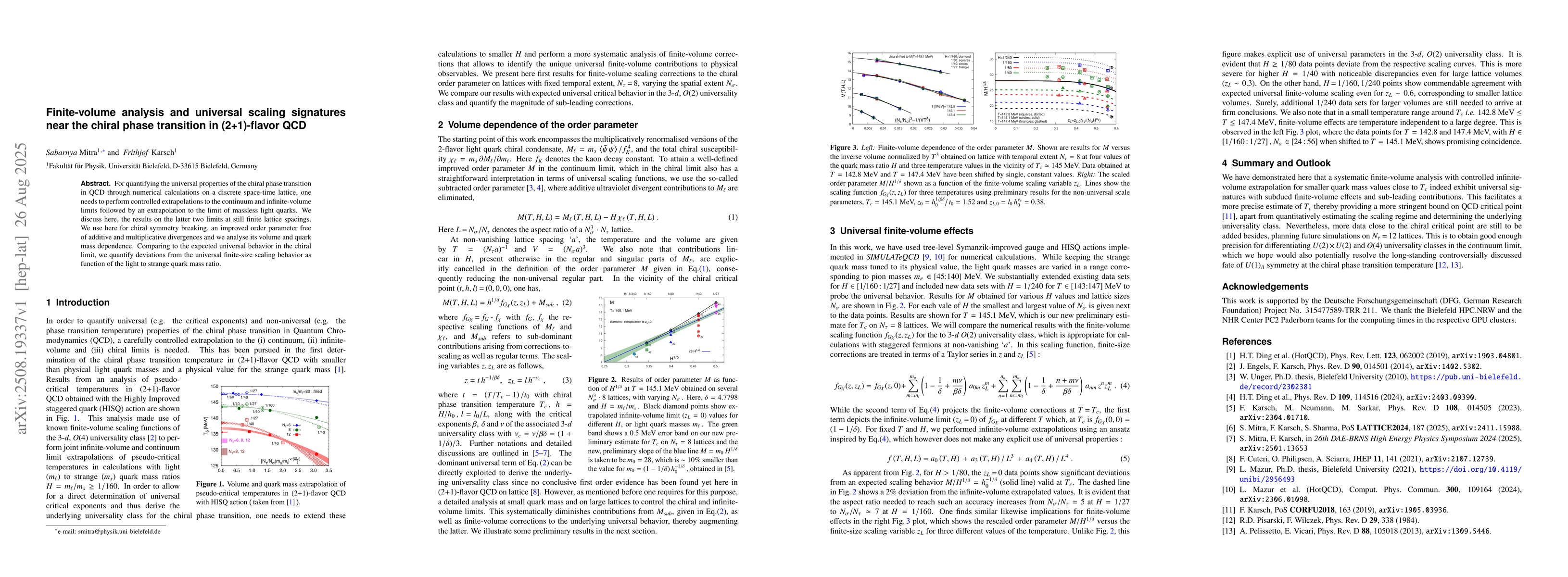 Thumbnail for Finite-volume analysis and universal scaling signatures near the chiral
  phase transition in (2+1)-flavor QCD