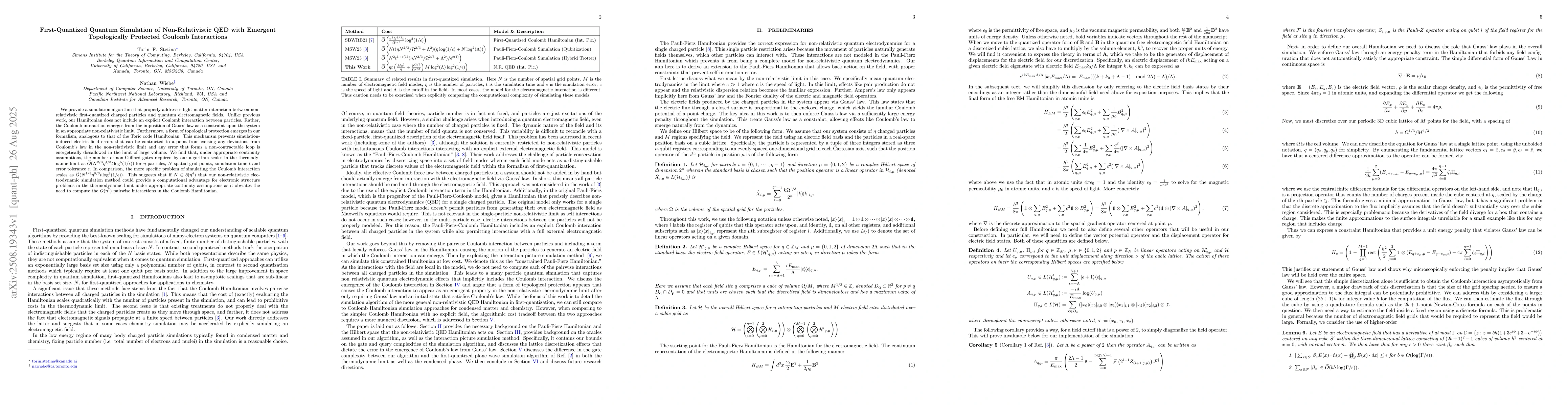 Thumbnail for First-Quantized Quantum Simulation of Non-Relativistic QED with Emergent
  Topologically Protected Coulomb Interactions