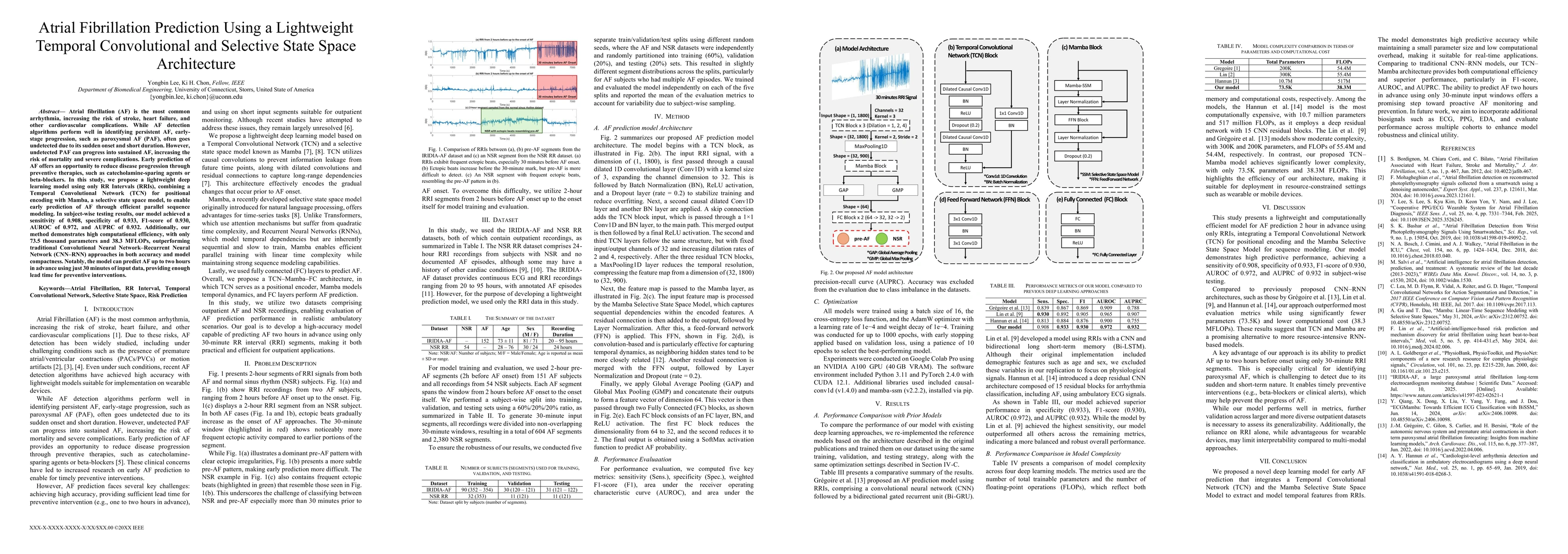 Thumbnail for Atrial Fibrillation Prediction Using a Lightweight Temporal
  Convolutional and Selective State Space Architecture