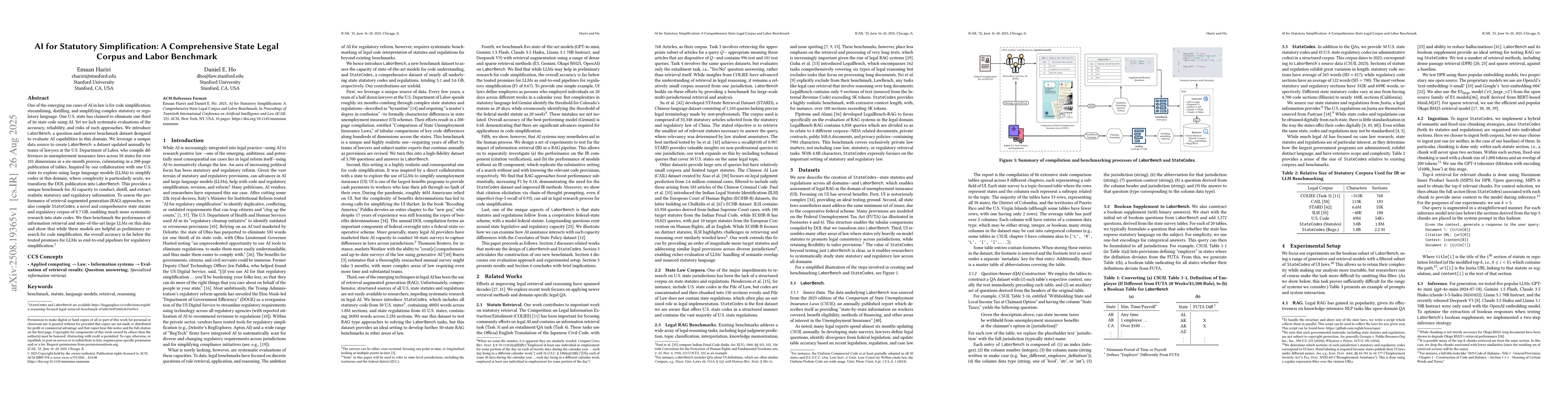 Thumbnail for AI for Statutory Simplification: A Comprehensive State Legal Corpus and
  Labor Benchmark