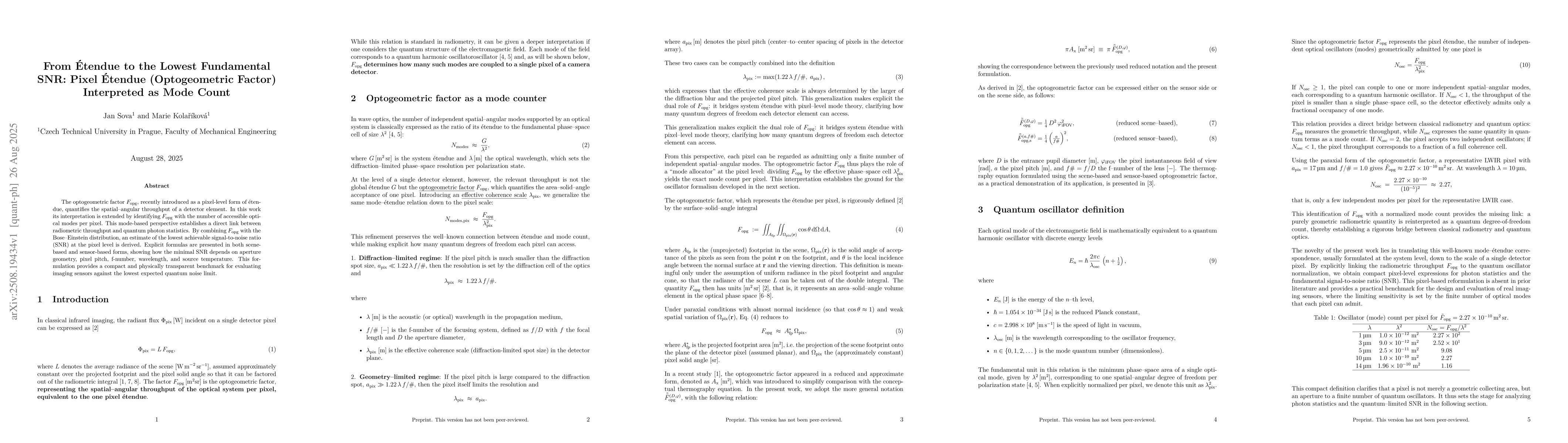 Thumbnail for From Étendue to the Lowest Fundamental SNR: Pixel Étendue
  (Optogeometric Factor) Interpreted as Mode Count