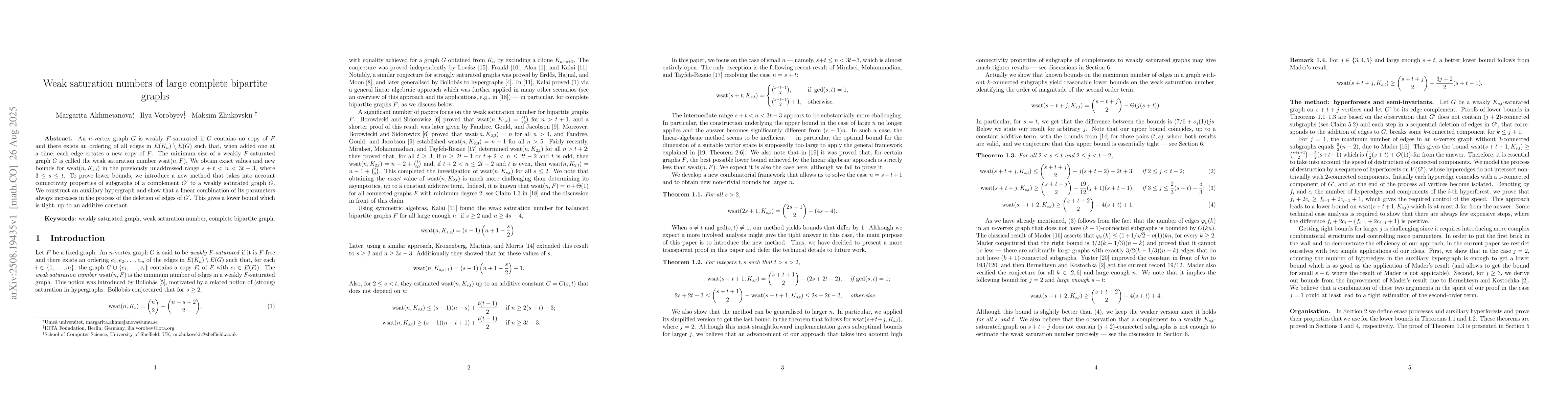 Thumbnail for Weak saturation numbers of large complete bipartite graphs