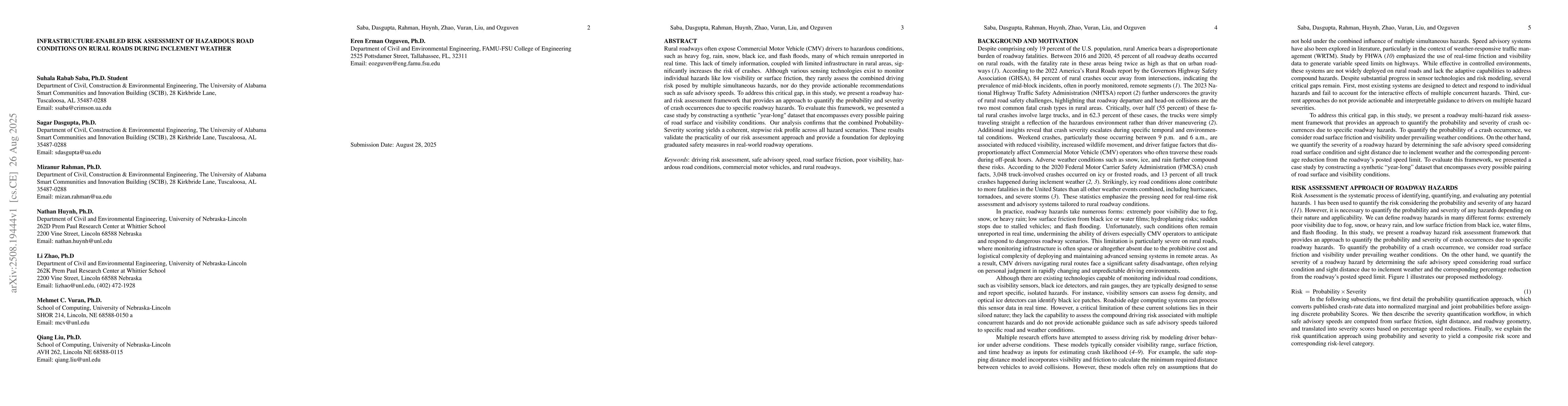 Thumbnail for Infrastructure-enabled risk assessment of hazardous road conditions on
  rural roads during inclement weather