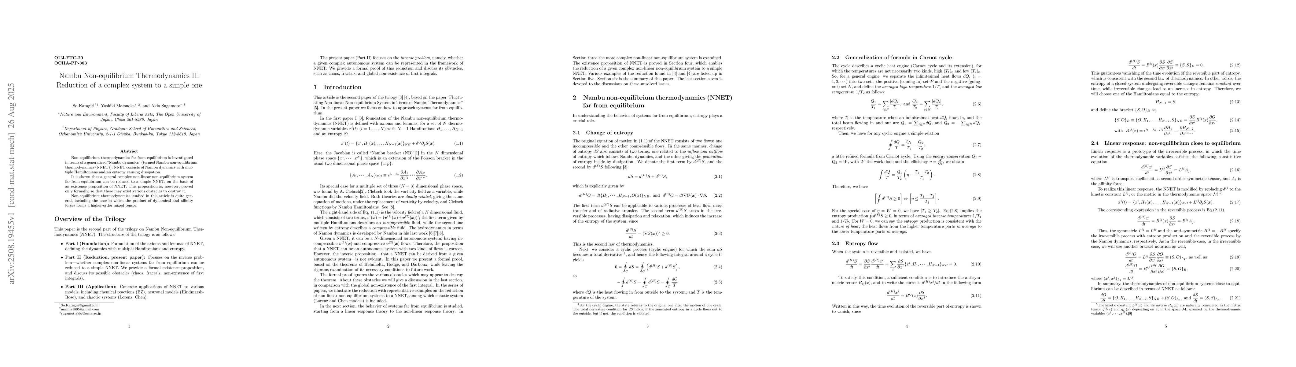 Thumbnail for Nambu Non-equilibrium Thermodynamics II:Reduction of a complex system to
  a simple one