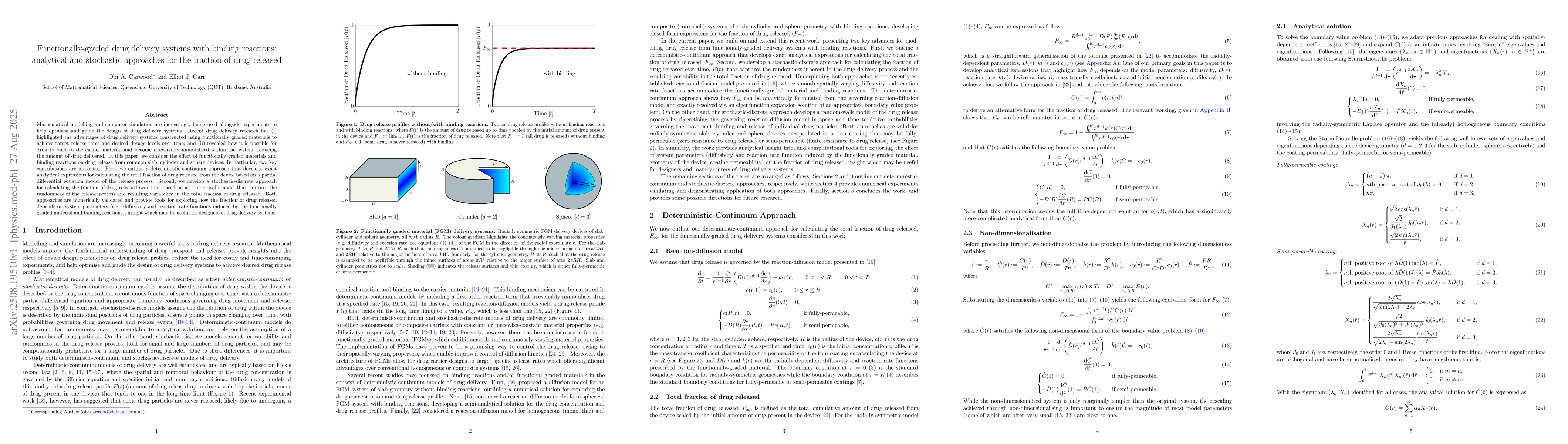 Thumbnail for Functionally-graded drug delivery systems with binding reactions:
  analytical and stochastic approaches for the fraction of drug released