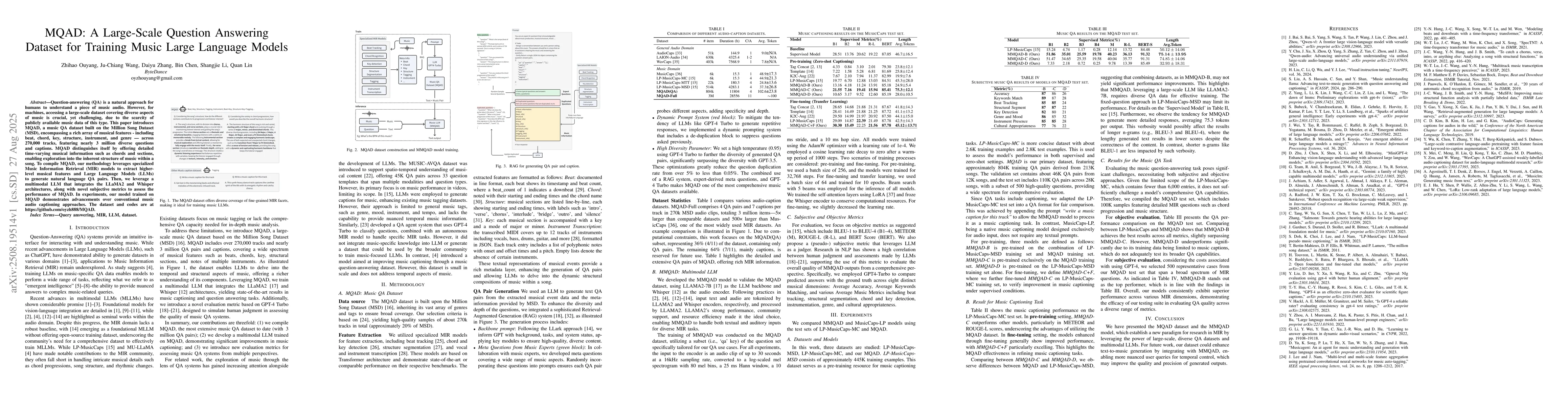 Thumbnail for MQAD: A Large-Scale Question Answering Dataset for Training Music Large
  Language Models