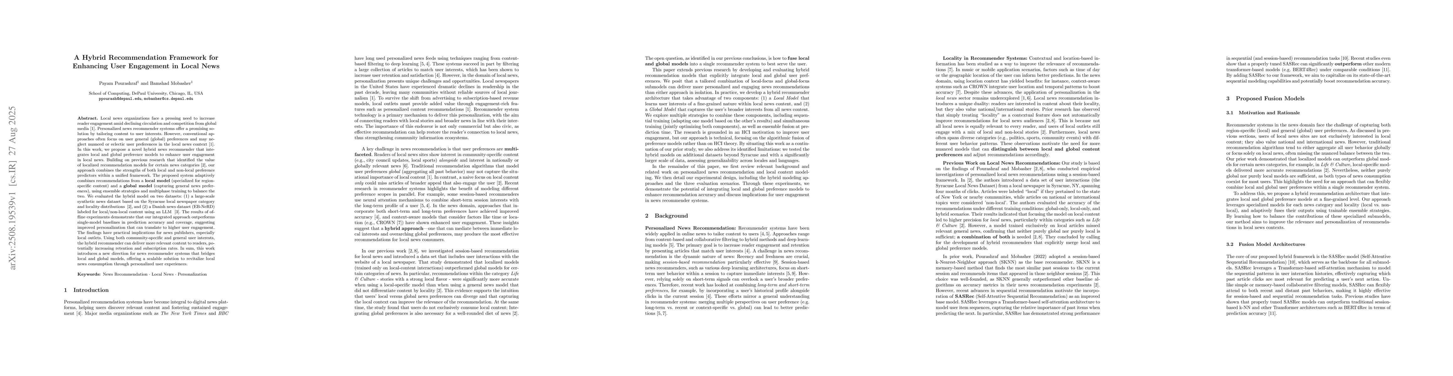 Thumbnail for A Hybrid Recommendation Framework for Enhancing User Engagement in Local
  News