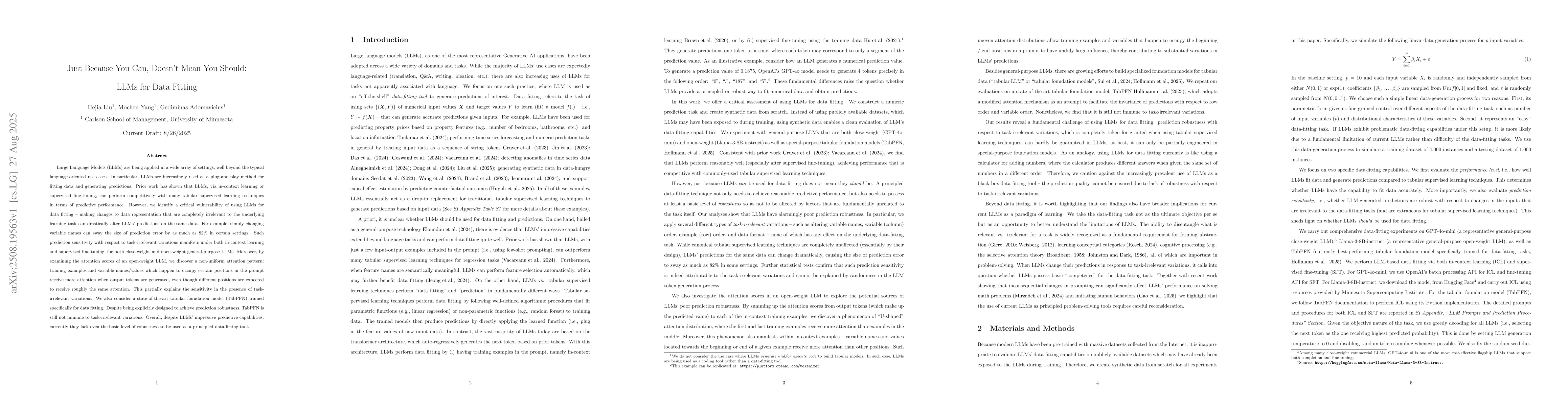 Thumbnail for Robustness is Important: Limitations of LLMs for Data Fitting