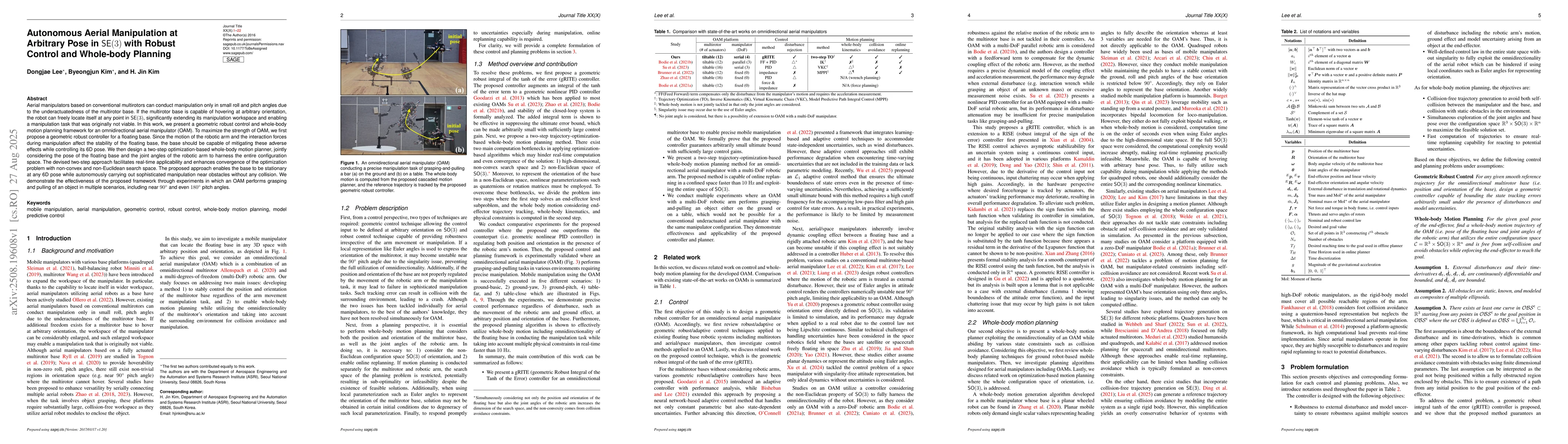 Thumbnail for Autonomous Aerial Manipulation at Arbitrary Pose in SE(3) with Robust
  Control and Whole-body Planning