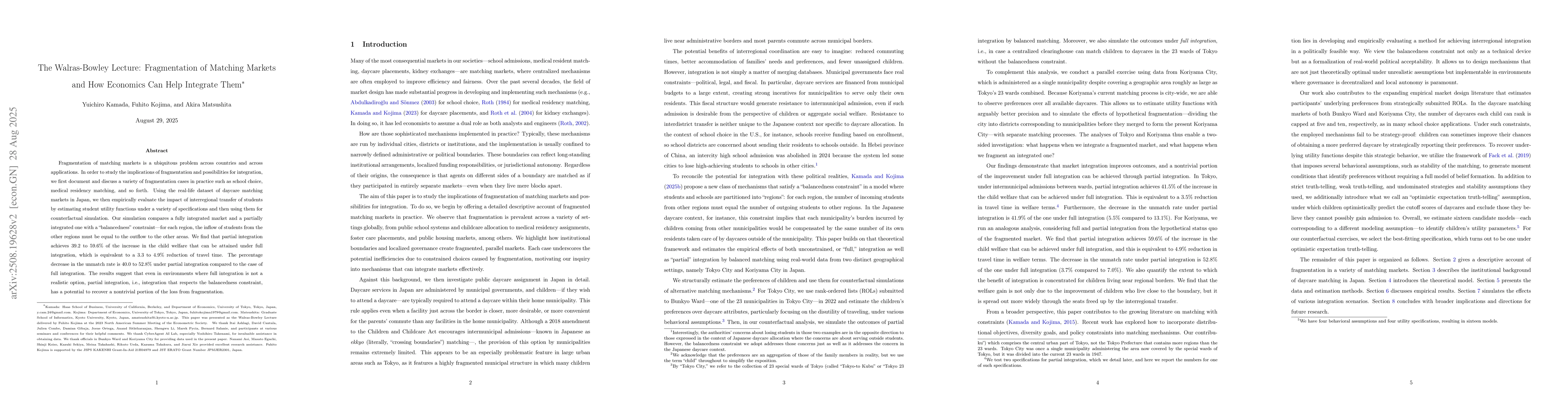 Thumbnail for The Walras-Bowley Lecture: Fragmentation of Matching Markets and How
  Economics Can Help Integrate Them