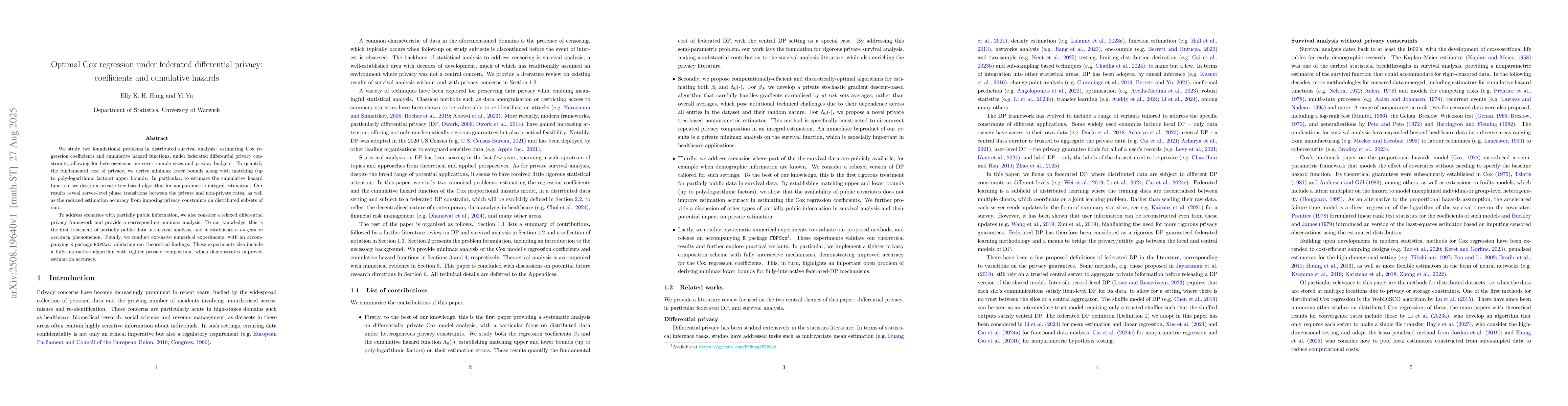 Thumbnail for Optimal Cox regression under federated differential privacy:
  coefficients and cumulative hazards