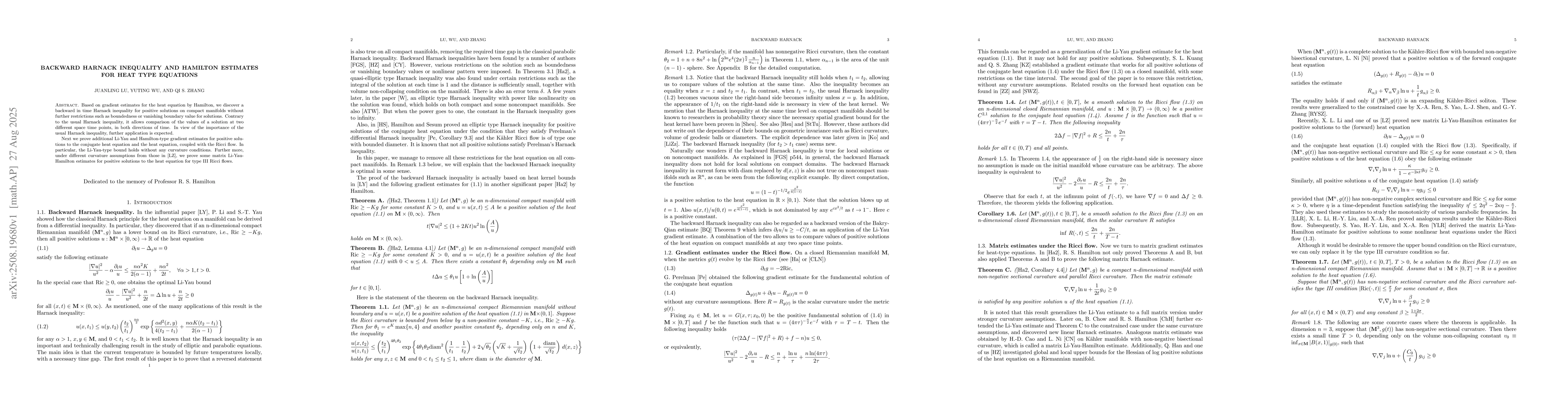 Thumbnail for Backward Harnack inequality and Hamilton estimates for heat type
  equations