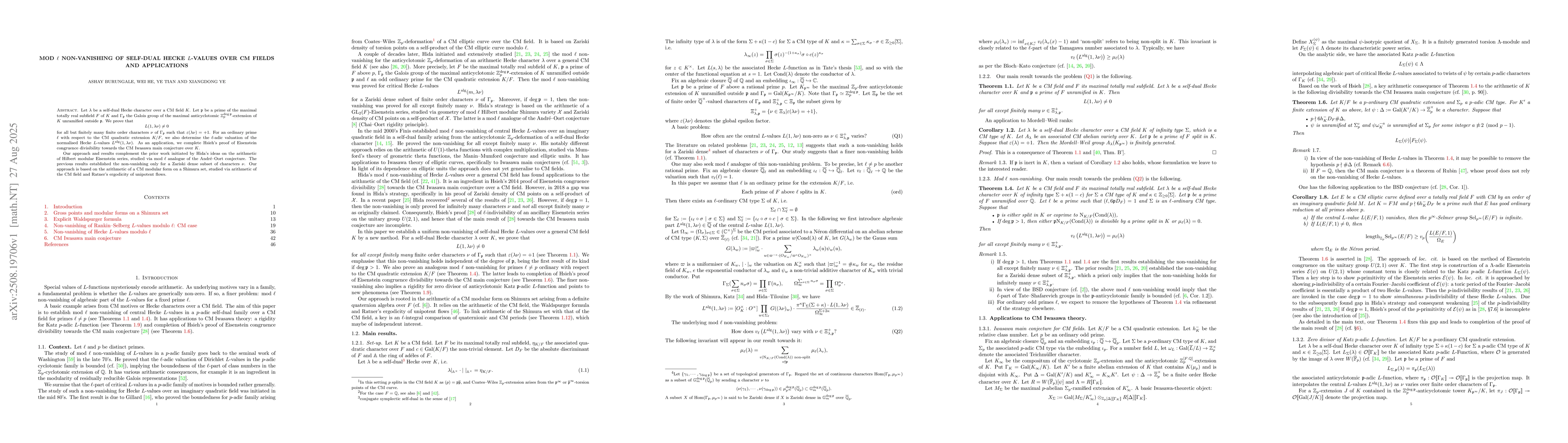 Thumbnail for Mod $\ell$ non-vanishing of self-dual Hecke $L$-values over CM fields
  and applications